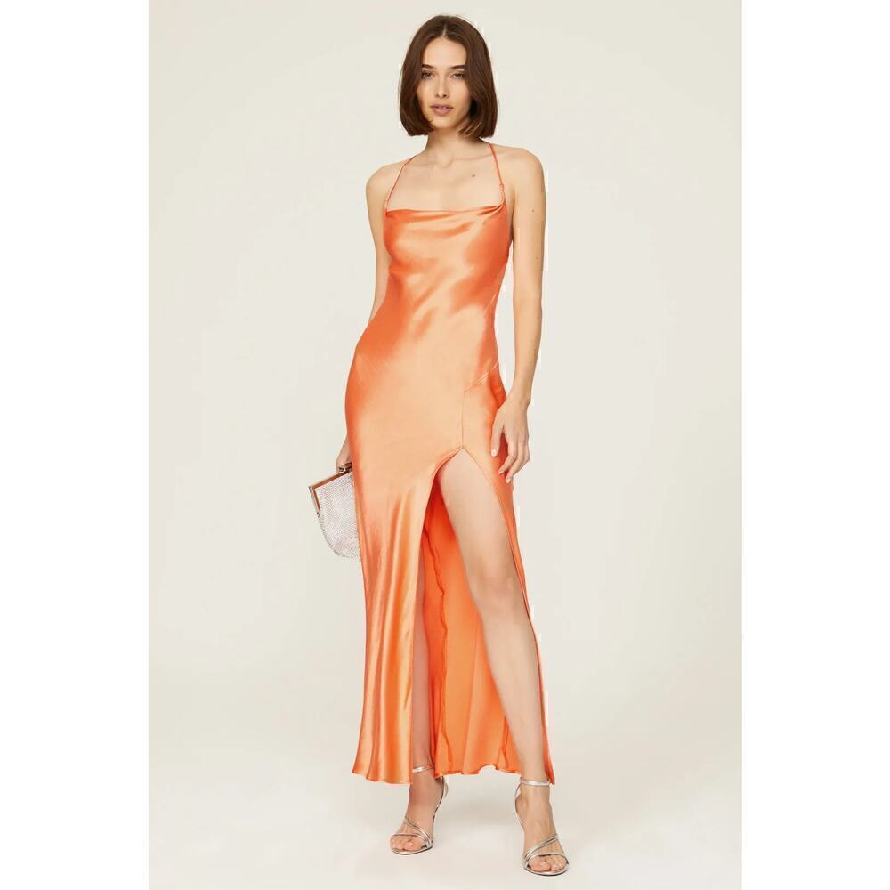Bec & Bridge Annika Dress Sleeveless Cowl Neck Satin Slip Maxi Gown Orange 6